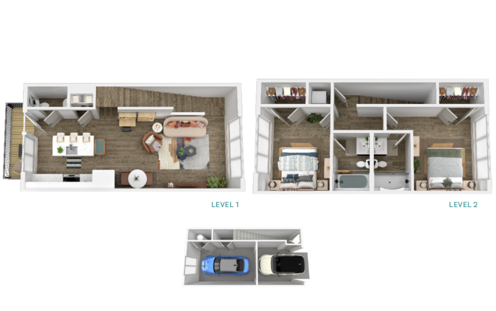 B1 - TH 16x32 - 2 bedroom floorplan layout with 2 bathrooms and 1070 square feet